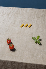 Traditional  ingredients for italian pasta recipe, tomato and basil, in pop contemporary style