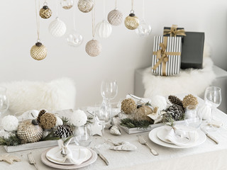 Table served for New Year dinner in living room. 