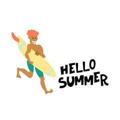 Funny vector illustration with a running surfer and the words 