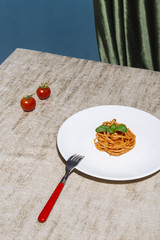 Traditional  ingredients for italian pasta recipe, tomato, wine, in pop contemporary style
