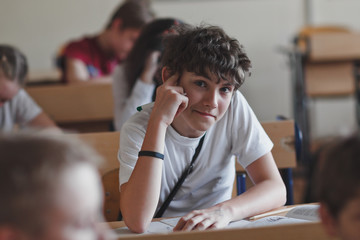 Smiling schoolboy in the classroom holding a pen in his hand. In the background the figures of...