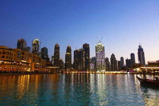 Dubai Downtown skyline at dusk, view from the Dubai fountain, United Arabian Emirates, 1st of May 2018

