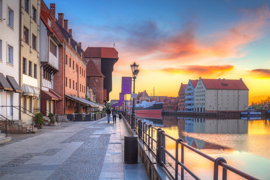Port crane at Motlawa river in Gdansk at sunrise, Poland
