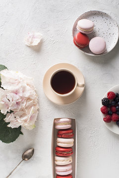 Spaing mood with color macaroons? cup of coffee and flowers