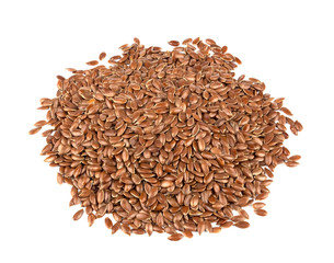 Linseed on a white background. Also known as Linseed, Flaxseed and Common Flax. Pile of grains, isolated white background.