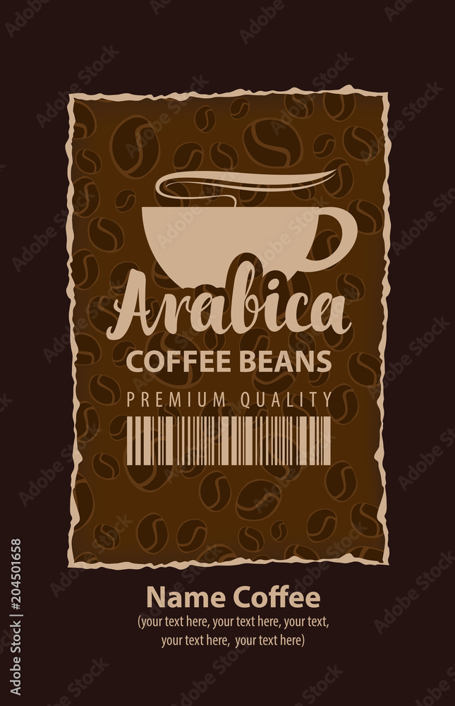 Aufkleber vector label for coffee beans with cup and barcode in retro style on background with coffee beans in