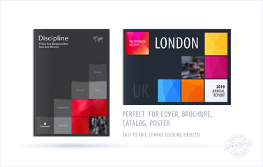 Brochure design square template. Colourful modern abstract set, annual report with pixels for branding.