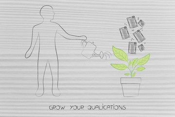 grow your career, man watering a plant with degrees growing from it
