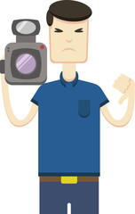 Asian man with a video camera shows a dislike