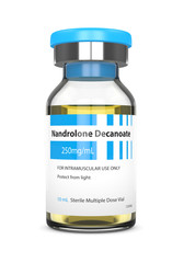 3d render of nandrolone decanoate vial over white background. Anabolic steroids concept.