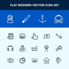 Modern, simple vector icon set with helm, money, center, fish, wheel, printer, ship, office, stereo, click, travel, rod, pencil, equipment, audio, headphone, transportation, nautical, fishing icons
