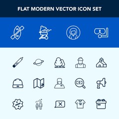 Modern, simple vector icon set with sea, building, pencil, paddle, environment, woman, young, girl, pen, business, construction, hat, stationery, boat, face, hospitality, engineer, astronomy icons