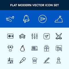 Modern, simple vector icon set with winner, destination, fruit, backdrop, equality, vehicle, travel, cash, nature, blue, pear, money, map, finance, food, organic, award, wallet, fresh, bell, sky icons