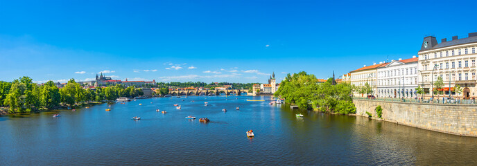 Fototapeta premium Bird view of Old Town Charles (Karluv most) Bridge Tower arched gateway in Prague, Czech Republic