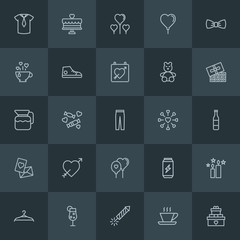 Modern Simple Set of clothes, drinks, valentine Vector outline Icons. Contains such Icons as  energy,  white,  valentine,  shirt, can, cup and more on dark background. Fully Editable. Pixel Perfect.