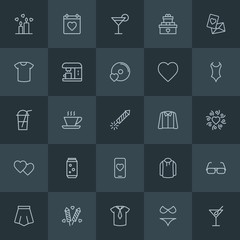 Modern Simple Set of clothes, drinks, valentine Vector outline Icons. Contains such Icons as  dress,  red,  clothing, holiday, love,  style and more on dark background. Fully Editable. Pixel Perfect.