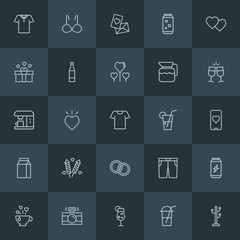 Modern Simple Set of clothes, drinks, valentine Vector outline Icons. Contains such Icons as  white,  soda,  glass,  camera, bra, heart, cup and more on dark background. Fully Editable. Pixel Perfect.