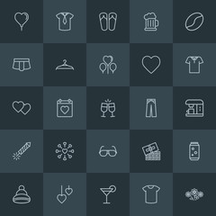Modern Simple Set of clothes, drinks, valentine Vector outline Icons. Contains such Icons as  day,  red,  decoration,  love,  food,  gift and more on dark background. Fully Editable. Pixel Perfect.