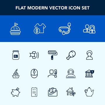Modern, simple vector icon set with person, sea, staff, roll, can, cost, task, office, home, roller, sandwich, paint, mobile, people, food, personal, business, brush, aluminum, fast, lunch, cell icons