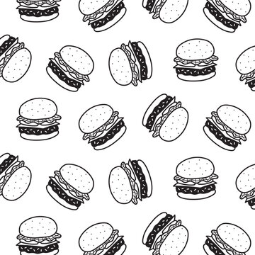 Hand drawn vector illustration of hamburger pattern. black and white.cartoon style.
