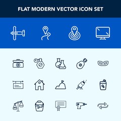 Modern, simple vector icon set with mountain, airplane, nature, billboard, poster, box, beauty, pump, technology, estate, guitar, plane, monitor, music, white, sign, carnival, sky, mask, radius icons