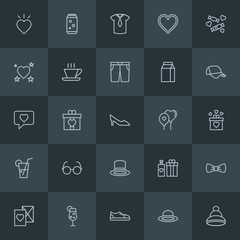 Modern Simple Set of clothes, drinks, valentine Vector outline Icons. Contains such Icons as  perfume,  template,  bow,  bar,  day, hot, hat and more on dark background. Fully Editable. Pixel Perfect.