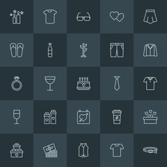 Modern Simple Set of clothes, drinks, valentine Vector outline Icons. Contains such Icons as  day,  clothing,  drink,  flame,  glass, gift and more on dark background. Fully Editable. Pixel Perfect.