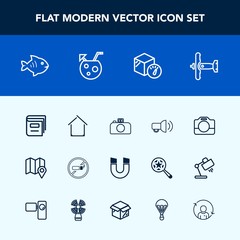 Modern, simple vector icon set with sea, camera, pin, home, food, library, cocktail, airplane, plane, book, package, seafood, white, addiction, equipment, war, drink, summer, pole, travel, no icons