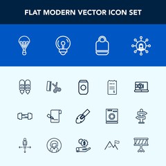 Modern, simple vector icon set with can, shovel, fitness, list, online, professional, style, electricity, sky, bag, aluminum, document, technology, bulb, equipment, financial, workout, , object icons