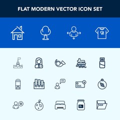 Modern, simple vector icon set with sea, ocean, bugle, analysis, hotel, person, estate, luxury, usb, travel, building, print, home, communication, employer, technology, direction, medieval, room icons