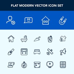 Modern, simple vector icon set with equipment, finance, juice, bank, building, science, chat, technology, smile, furniture, pole, safe, video, money, bed, shop, media, field, account, drink, web icons