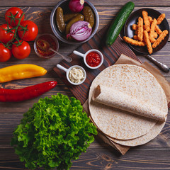 Ingredients for preparing mexican food, tortilla.