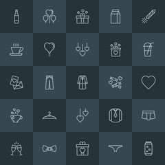 Modern Simple Set of clothes, drinks, valentine Vector outline Icons. Contains such Icons as  tie,  wine,  female,  party,  festival,  can and more on dark background. Fully Editable. Pixel Perfect.