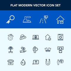 Modern, simple vector icon set with dollar, ufo, appliance, washer, estate, key, street, ship, price, iron, real, direction, arrow, road, sign, property, sun, video, business, investment, call icons