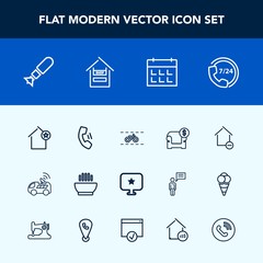Modern, simple vector icon set with transportation, wheel, mobile, soup, telephone, favorite, apartment, support, help, bicycle, navigation, vehicle, food, cell, home, star, house, calendar, car icons