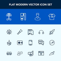 Modern, simple vector icon set with astronomy, tshirt, wallet, telescope, audio, profile, sound, avatar, music, umbrella, rocket, parasol, business, cash, typography, night, shuttle, sun, summer icons