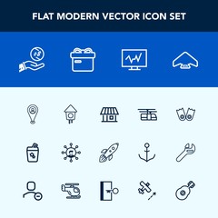 Modern, simple vector icon set with house, sky, blue, parachute, white, parachuting, diagnostic, finance, rail, science, transportation, building, sea, screen, juice, flipper, doctor, extreme icons