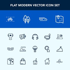 Modern, simple vector icon set with travel, sea, wheel, winner, sky, mask, summer, snorkel, sew, water, map, road, sound, pin, iron, machine, loud, speaker, celebration, masquerade, loudspeaker icons