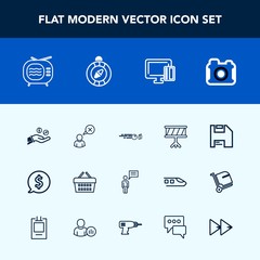 Modern, simple vector icon set with music, instrument, sale, circle, frame, price, tv, person, musical, antenna, ball, card, communication, market, internet, drum, sound, hand, camera, online icons
