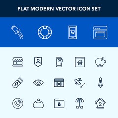 Modern, simple vector icon set with cooking, protection, app, stereo, rocket, curtain, ring, economy, house, mail, storage, oven, body, spaceship, eye, shop, bank, human, finance, cash, mobile icons