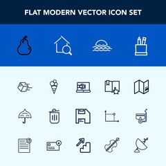 Modern, simple vector icon set with real, delivery, fresh, click, online, pear, shipment, equipment, pencil, white, communication, sunrise, protection, fruit, cream, landscape, travel, map, open icons