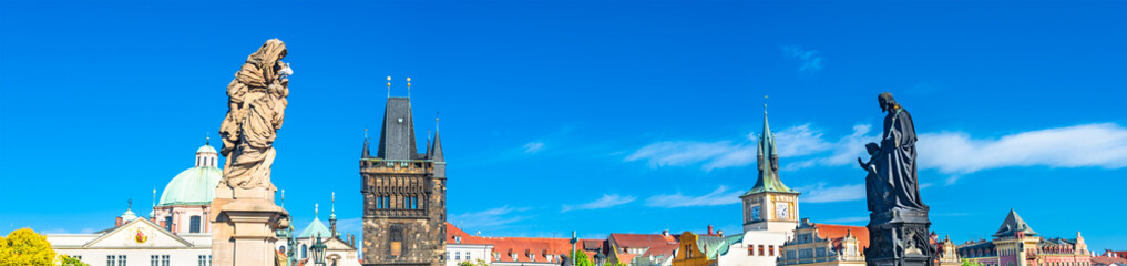 Fototapeta premium Bird view of Old Town Charles (Karluv most) Bridge Tower arched gateway in Prague, Czech Republic