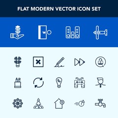 Modern, simple vector icon set with war, growth, stationery, unlock, seedling, button, phone, aircraft, reload, open, travel, airplane, lighthouse, play, exit, life, arrow, pencil, sea, escape icons