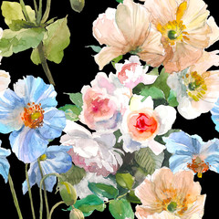 Obrazy  Kwiatowy wzór z róż ogrodowych, żółty mak i niebieski kwiat na czarnym tle. Akwarela ilustracja. Ręcznie rysowane. Koncepcja kwiat.