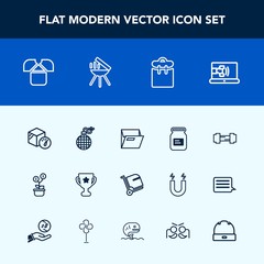 Modern, simple vector icon set with tshirt, call, package, sport, business, metal, place, gym, online, power, tin, folder, growth, can, person, paper, container, workout, exercise, shirt, white icons