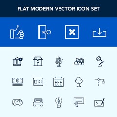 Modern, simple vector icon set with time, success, banking, building, exit, web, worker, business, interior, closed, coin, sign, download, pay, arrow, escape, way, architecture, safe, day, bank icons