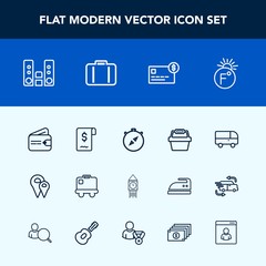 Modern, simple vector icon set with audio, bus, map, road, luggage, speed, transport, tower, finance, white, scale, balance, ben, fahrenheit, sign, thermometer, business, player, cash, direction icons