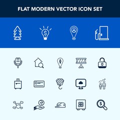 Modern, simple vector icon set with suitcase, petrol, security, find, voice, nature, forest, environment, tree, open, building, oil, concept, real, karaoke, location, fuel, cheque, money, bag icons