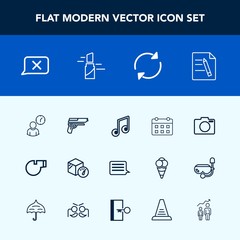 Modern, simple vector icon set with work, lens, weight, gun, red, time, calendar, sound, makeup, photo, document, musical, package, sport, weapon, office, whistle, technology, business, music icons