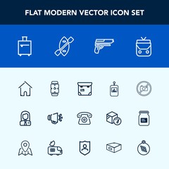 Modern, simple vector icon set with pretty, forbidden, loudspeaker, house, sign, phone, suitcase, handgun, gun, fashion, hand, clock, employee, travel, leather, business, employer, telephone, tv icons